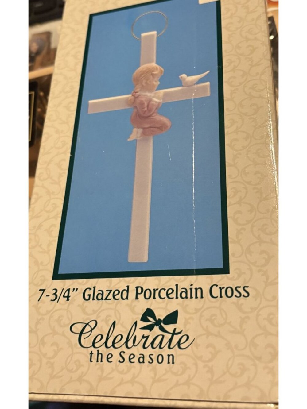 Celebrate The Season Glazed Porcelain Cross 7-3/4" Praying Child Dove Wall Hang